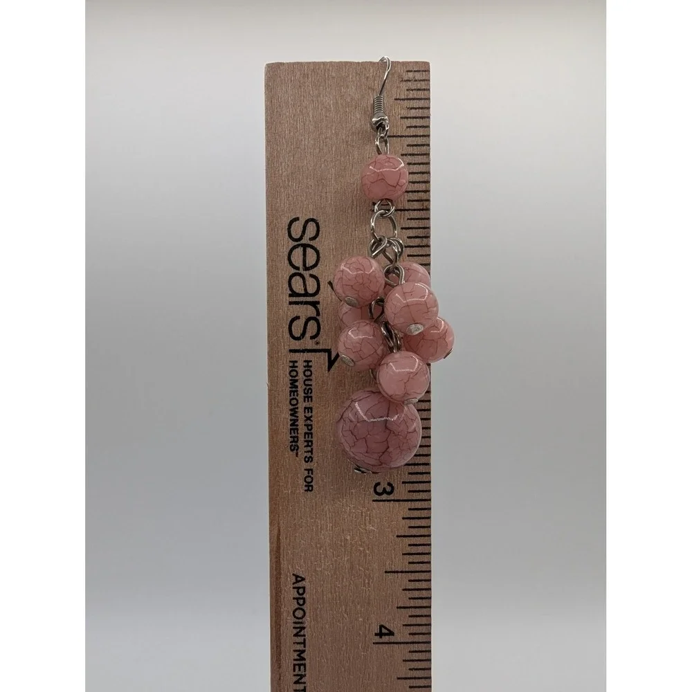 Pink‎ Crackle Glass Bead Cluster Dangle Earrings Silver Tone Fishhook Statement